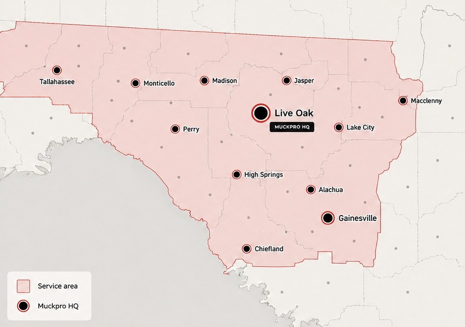 Map of the Muckpro service area across North Florida, from Tallahassee east to Macclenny and south to Gainesville and Chiefland, with headquarters in Live Oak